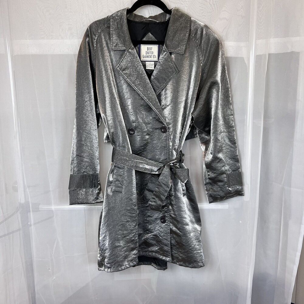 Vintage Best United Garment metallic silver mid length trench coat Small rave